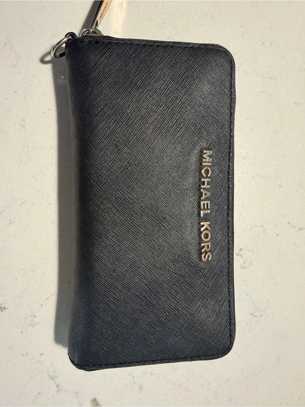 Michael Kors Black Saffiano Zip Wallet with Gold Logo